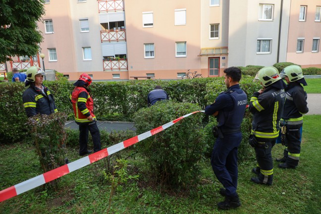 Abgestürzter Lichtschachtrost in einer Wohnanlage in Wels-Neustadt durch Feuerwehr geborgen | Foto: laumat/Matthias Lauber Abgestürzter Lichtschachtrost in einer Wohnanlage in Wels-Neustadt durch Feuerwehr geborgen