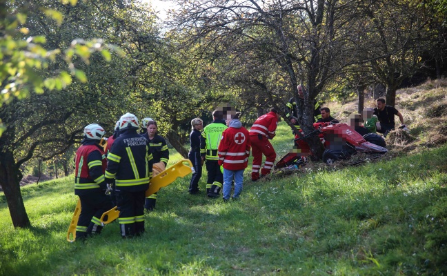 Personenrettung: Person bei Mäharbeiten in Scharten unter Balkenmäher eingeklemmt