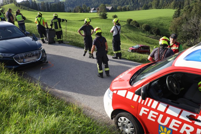 Auto in Edlbach nach Verkehrsunfall über steilere Wiese abgestürzt