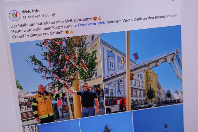 Lachnummer: Maibaum-Ersatzspitze in Wels-Innenstadt nach nur einem Tag schon wieder abgebrochen