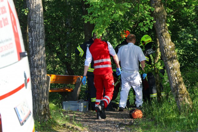 Personenrettung in Marchtrenk: Bub nach Sturz ber Bschung durch Feuerwehr aus der Traun gerettet