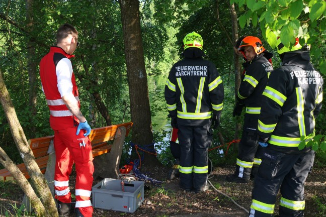 Personenrettung in Marchtrenk: Bub nach Sturz ber Bschung durch Feuerwehr aus der Traun gerettet
