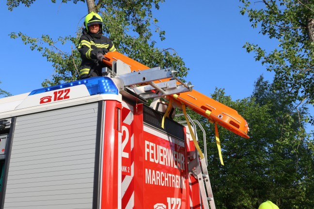 Personenrettung in Marchtrenk: Bub nach Sturz ber Bschung durch Feuerwehr aus der Traun gerettet