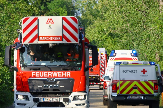 Personenrettung in Marchtrenk: Bub nach Sturz ber Bschung durch Feuerwehr aus der Traun gerettet