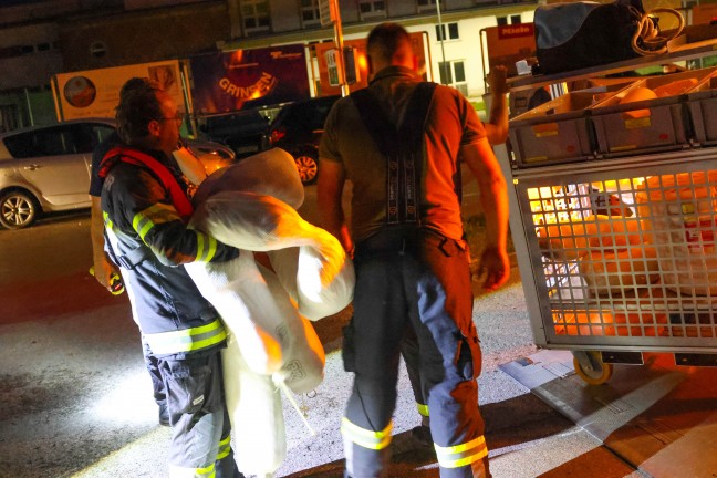 Bootseinsatz: lfilm auf der Traun in Wels-Innenstadt beschftigte Feuerwehr