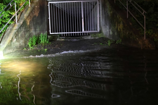 Bootseinsatz: lfilm auf der Traun in Wels-Innenstadt beschftigte Feuerwehr