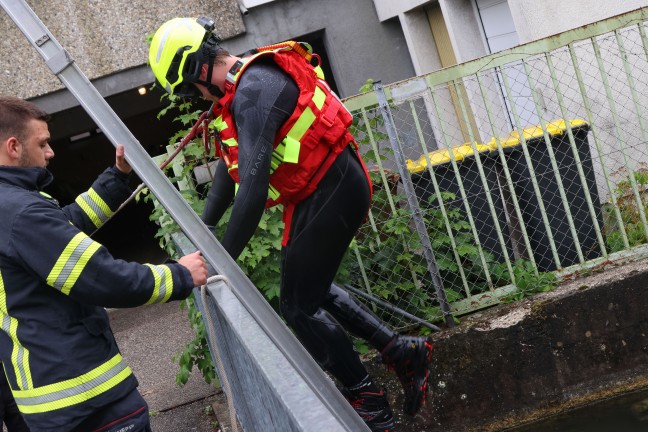 Wels-Innenstadt: Einsatz eines Fliewasserretters bei Sicherstellung einer Waffe im Welser Mhlbach