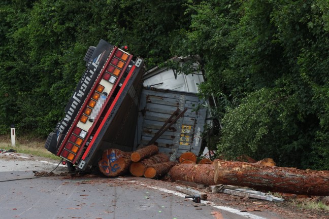 Lenker verletzt: Holztransporter auf Wallerner Strae bei Wallern an der Trattnach umgestrzt