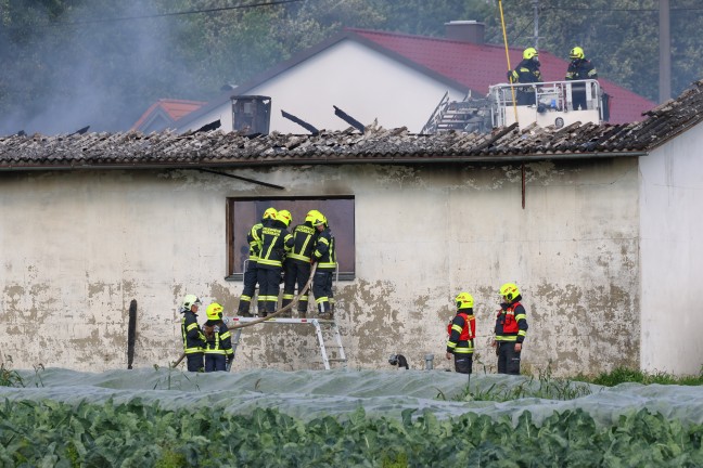 Vollbrand: Fnf Feuerwehren bei Brand einer als Autowerkstatt genutzten Halle in Pupping im Einsatz