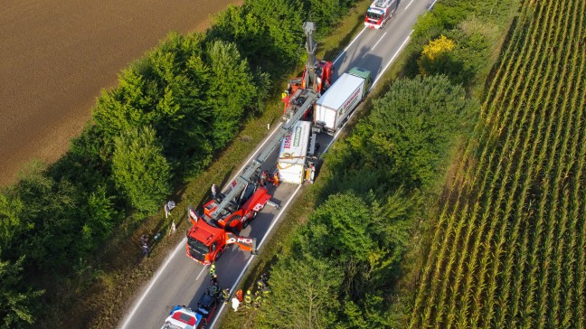Steinerkirchen an der Traun: Mit Fleisch beladener LKW-Anhnger in Kurvenbereich umgestrzt