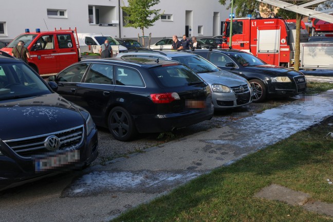 Vollbrand einer Mllinsel: Fassade sowie vier PKW bei grerem Brand in Wels-Neustadt beschdigt