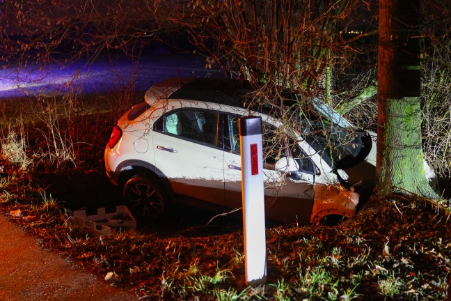 Auto bei Verkehrsunfall in Wels-Oberthan im Bachbett gegen Baum geprallt