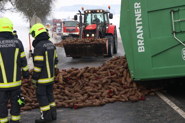 Traktoranh�nger umgest�rzt: Ganze Ladung Rote R�ben blockierte Innviertler Stra�e bei Krenglbach