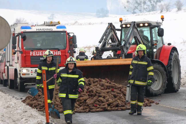 Traktoranh�nger umgest�rzt: Ganze Ladung Rote R�ben blockierte Innviertler Stra�e bei Krenglbach