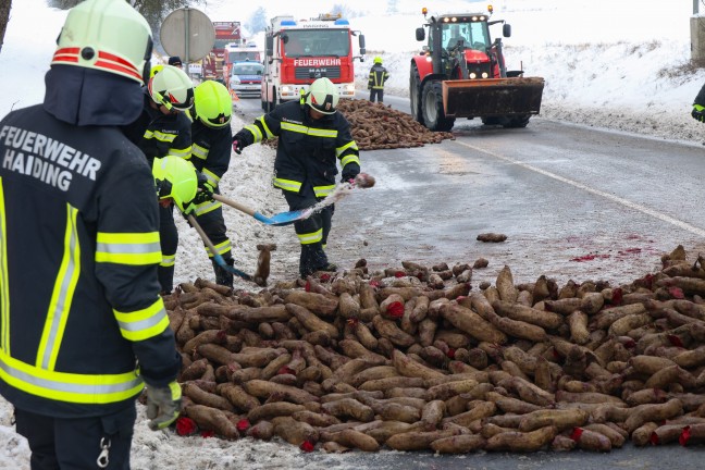 Traktoranh�nger umgest�rzt: Ganze Ladung Rote R�ben blockierte Innviertler Stra�e bei Krenglbach