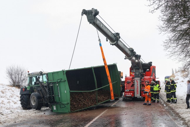 Traktoranh�nger umgest�rzt: Ganze Ladung Rote R�ben blockierte Innviertler Stra�e bei Krenglbach
