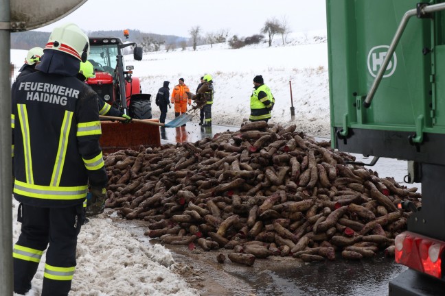 Traktoranh�nger umgest�rzt: Ganze Ladung Rote R�ben blockierte Innviertler Stra�e bei Krenglbach