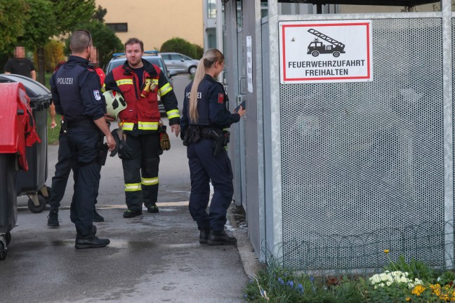 Brand einer Gro�raumm�lltonne bei einer M�llsammelstelle eines Wohnhauses in Wels-Vogelweide
