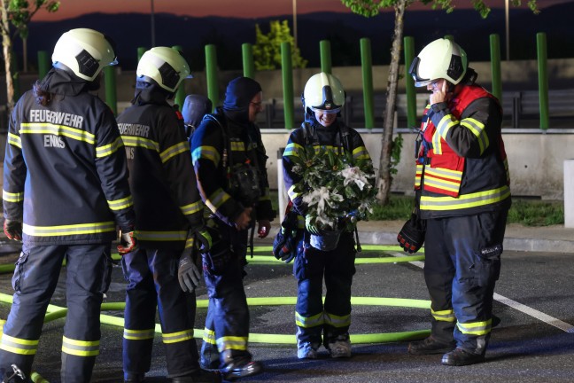 Gr��erer L�scheinsatz: LKW auf Rastplatz entlang der Westautobahn bei Enns in Vollbrand