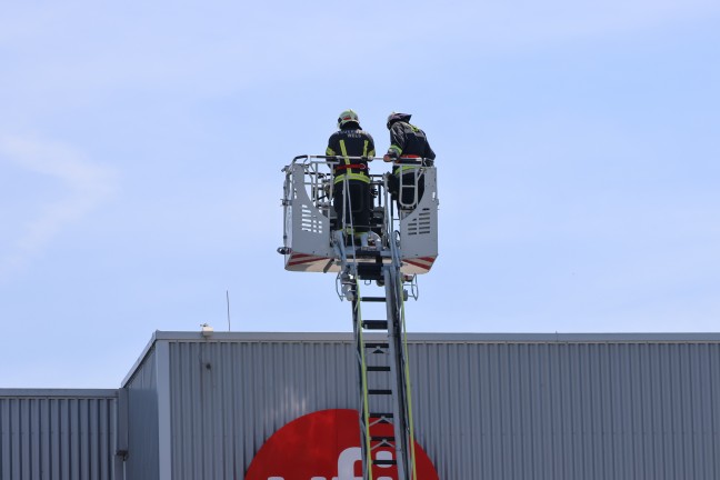 Einsatzkr�fte zweier Feuerwehren bei Brand bei einem Unternehmen in Wels-Vogelweide im Einsatz