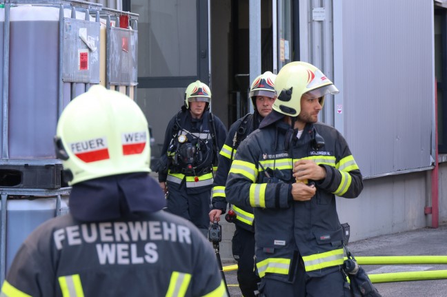 Einsatzkr�fte zweier Feuerwehren bei Brand bei einem Unternehmen in Wels-Vogelweide im Einsatz