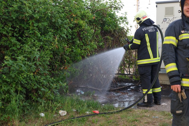 Feuerwehr bei Kleinbrand eines Geb�sches und Unrats am Weigl-Viadukt in Wels-Pernau im Einsatz
