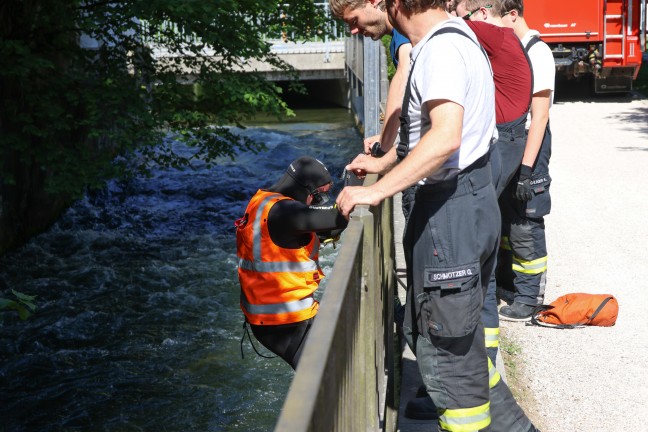 Taucher der Feuerwehr bei Bergung eines Kennzeichens aus dem M�hlbach in Wels-Innenstadt im Einsatz