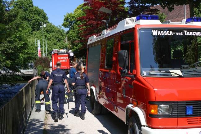 Taucher der Feuerwehr bei Bergung eines Kennzeichens aus dem M�hlbach in Wels-Innenstadt im Einsatz