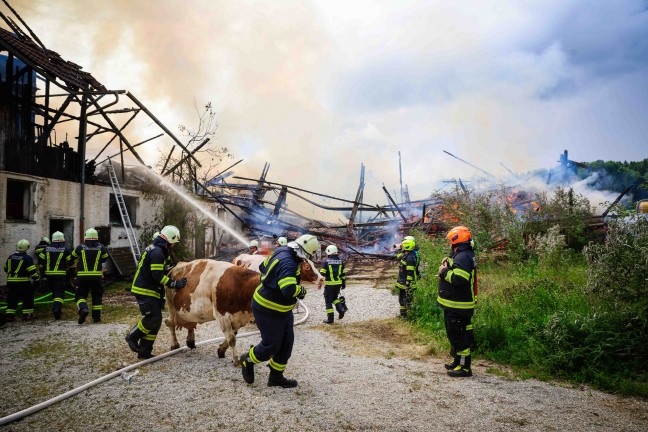 17 Feuerwehren bei Gro�brand auf Bauernhof in Feldkirchen bei Mattighofen im Einsatz
