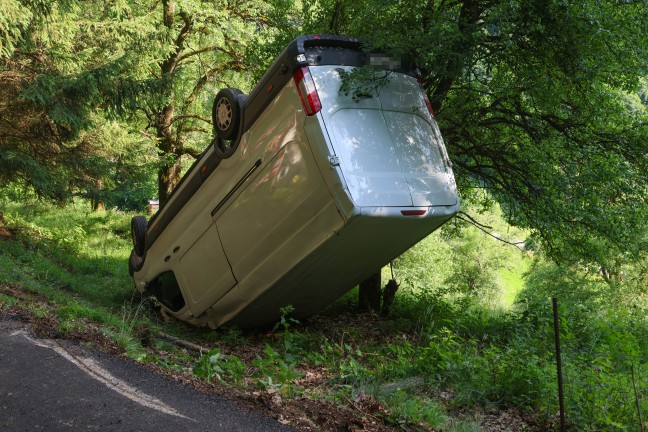 Steinbach an der Steyr: Baum rettet Pakettransporter nach �berschlag vor folgenschwerem Absturz