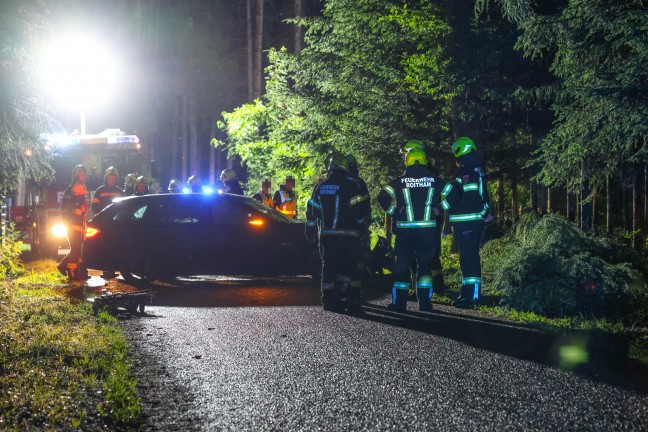 Auto in einem Waldst�ck in Bad Wimsbach-Neydharting gegen mehrere B�ume geprallt
