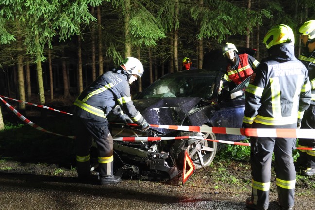 Auto in einem Waldst�ck in Bad Wimsbach-Neydharting gegen mehrere B�ume geprallt