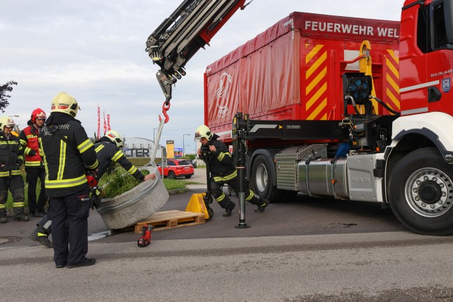 Kreisverkehr in Wels-Lichtenegg von LKW-Sattelzug unbeabsichtigt mit schwerem Blumentrog dekoriert