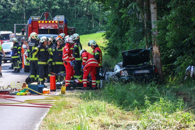 Schwer verletzt: Auto bei schwerem Verkehrsunfall in Gschwandt frontal gegen Baum gekracht