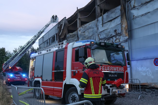 Umfangreiche Nachl�scharbeiten nach Gro�brand einer Halle in Wels-Schafwiesen