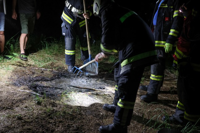 Einsatzkr�fte der Feuerwehr bei kleinerem Brand in einem Wald in Sipbachzell im Einsatz