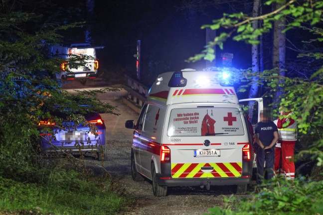 N�chtliche Personenrettung durch Feuerwehr, Rettung und Polizei aus unwegsamem Gel�nde in Ro�leithen