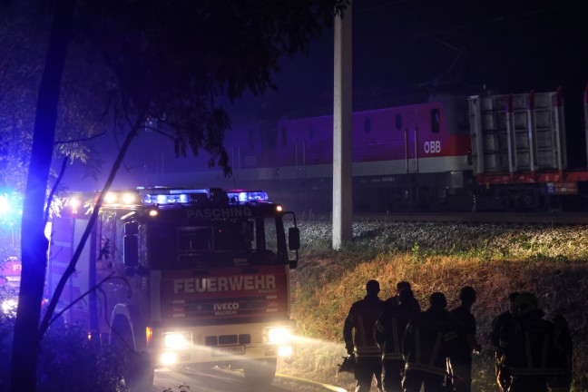 Waldbrand verhindert: Gr��erer Einsatz bei Brand eines gro�en Haufens gelagerter Holzst�mme in Traun