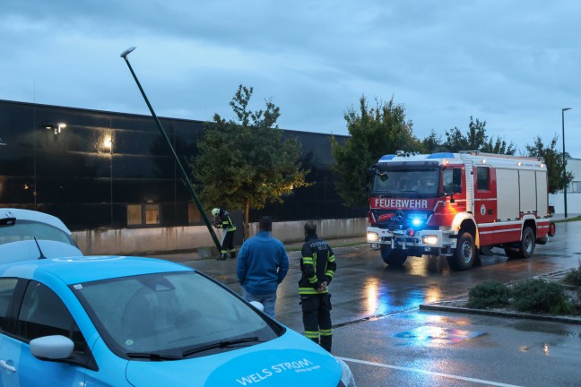 Stra�enlaterne in Schieflage: Feuerwehr, Polizei und Elektriker in Wels-Neustadt im Einsatz