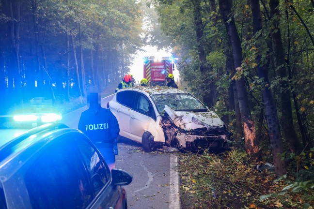 Auto gegen Baum: PKW-Lenker bei schwerem Verkehrsunfall in einem Waldst�ck in Krenglbach verletzt
