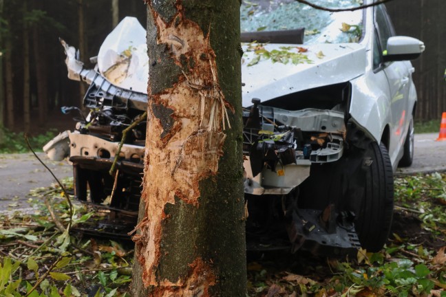 Auto gegen Baum: PKW-Lenker bei schwerem Verkehrsunfall in einem Waldst�ck in Krenglbach verletzt