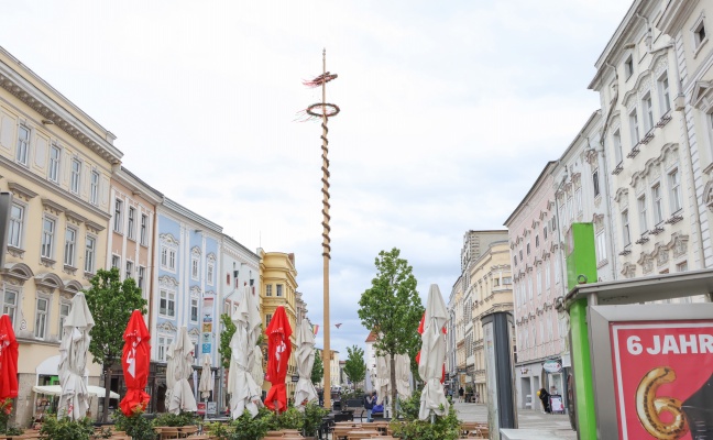 Lachnummer: Maibaum-Ersatzspitze in Wels-Innenstadt nach nur einem Tag schon wieder abgebrochen