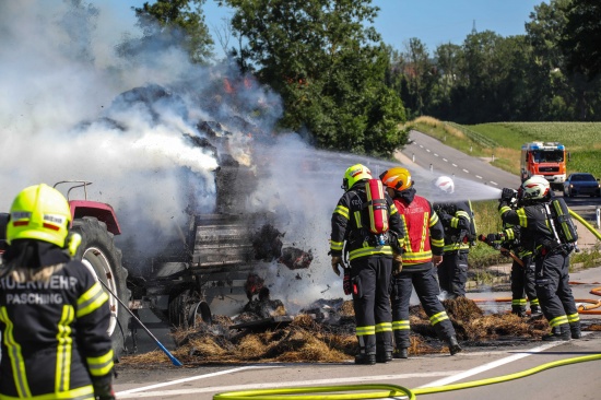 Heu geladen: Vollbrand eines Traktoranhngers in Pasching sorgte fr Einsatz zweier Feuerwehren