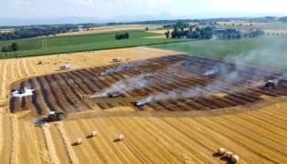Brand einer Rundballenpresse samt Stoppelfeld in Steinhaus sorgt fr Einsatz