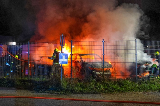 Brand mehrerer abgestellter Autos auf Verkaufsplatz eines Autohndlers in Hrsching