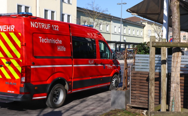 Bereits gerettet: Feuerwehr zur Rettung einer Taube aus einer Dachrinne in Wels-Innenstadt alarmiert