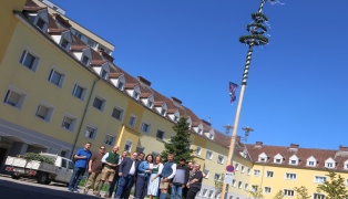 FP� stellte auch heuer wieder einen Maibaum am Vogelweiderplatz in Wels-Vogelweide auf