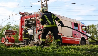 Feuerwehr bei Kleinbrand eines Geb�sches und Unrats am Weigl-Viadukt in Wels-Pernau im Einsatz