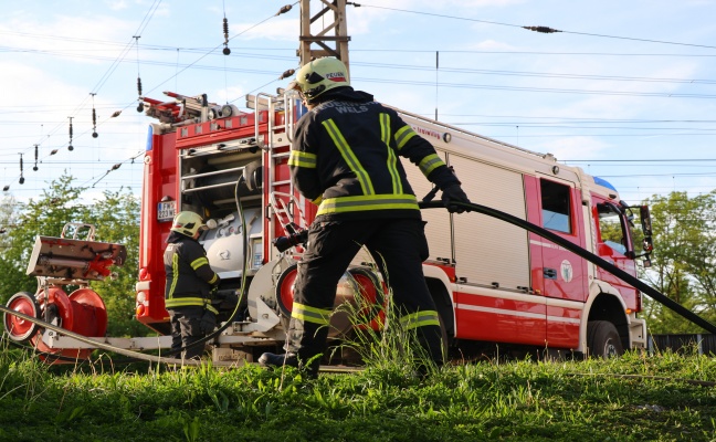 Feuerwehr bei Kleinbrand eines Geb�sches und Unrats am Weigl-Viadukt in Wels-Pernau im Einsatz