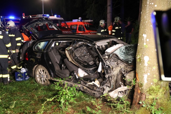 Schwer eingeklemmt: Auto bei Verkehrsunfall in Ottnang am Hausruck gegen Baum geprallt
